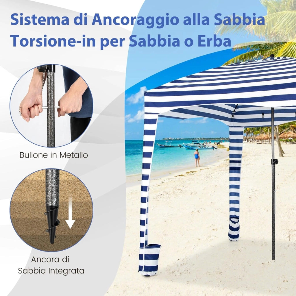 Tenda da Spiaggia Pieghevole 183 x 183 cm, Tenda da Mare con Borsa di Trasporto, Parete Removibile e 8 Tasche per Sabbia, per Spiaggia, Campeggio e Picnic (Blu e Bianco, 183 x 183 cm)
