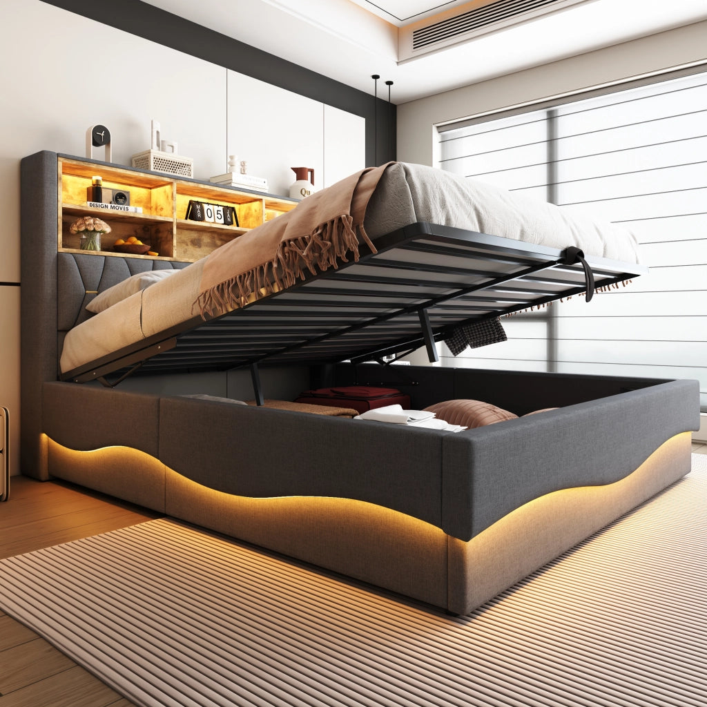 LETTO 180x200 cm con contenitore idraulico, LED APP e USB, Grigio