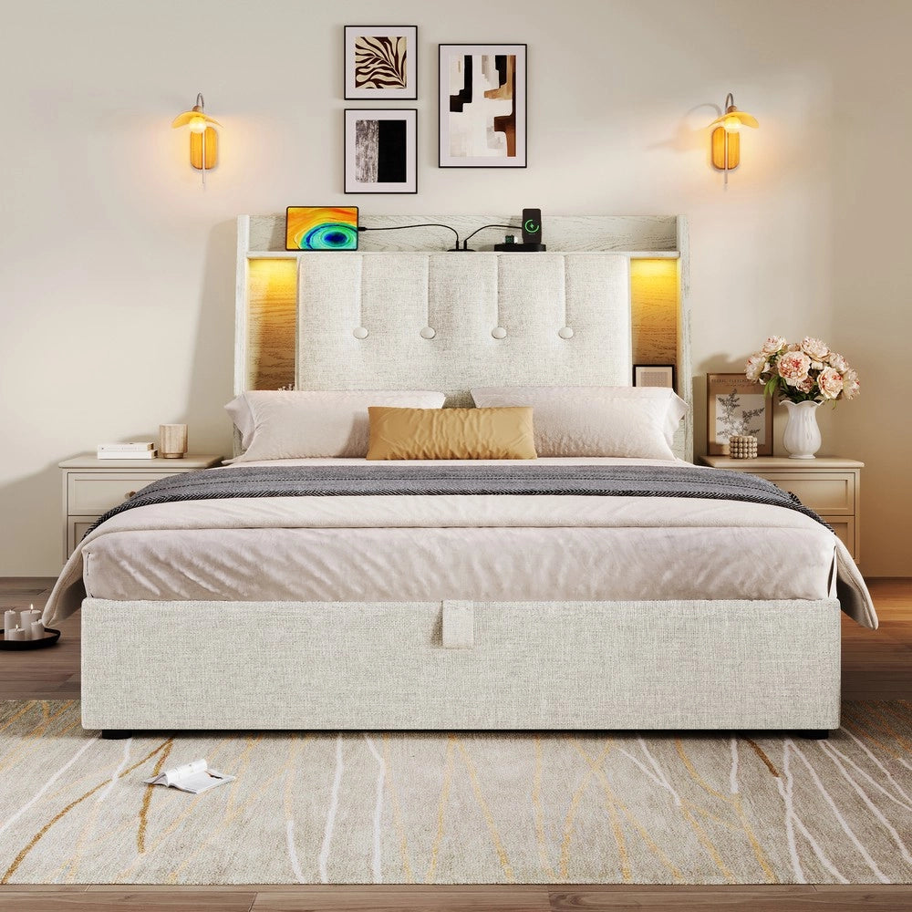 Letto Imbottito con LED e Contenitore ¨C MINIMAL ¨C Lino Beige 90x200