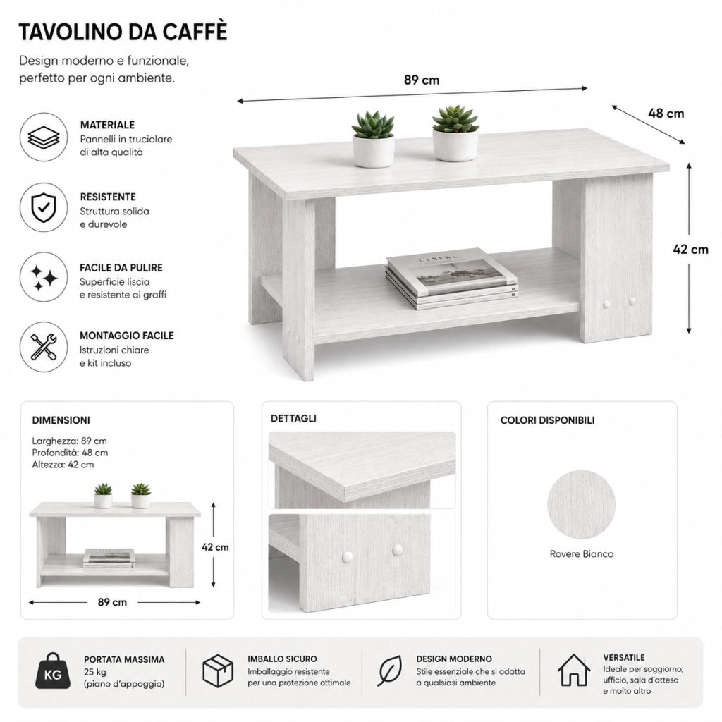 Tavolino da Salotto 2 Ripiani Moderno Salvaspazio 89x48x42 cm Bianco