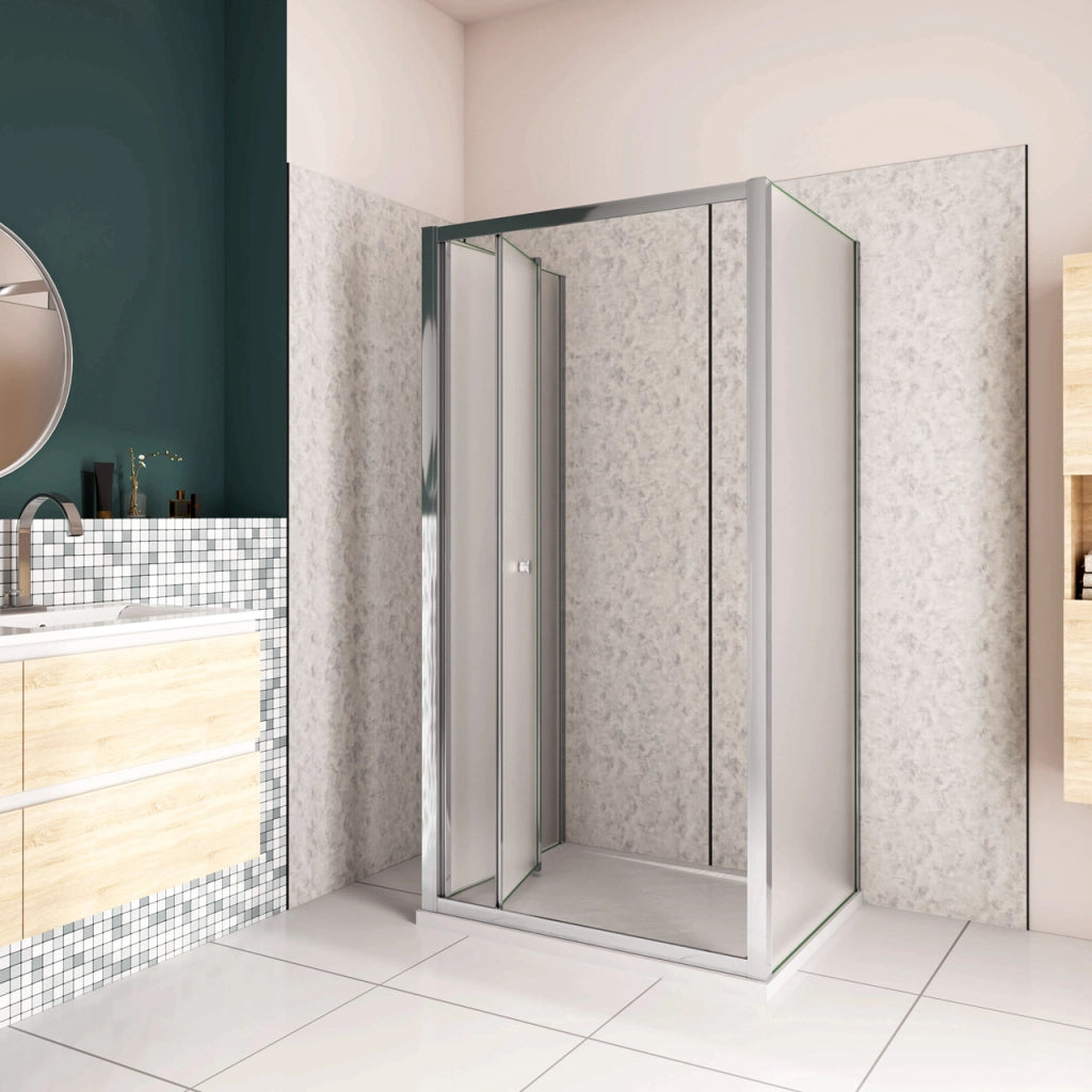 185cm Box Doccia a Tre Lati Porta a Soffietto 76cm con Doppia Parete Fissa 70x70cm in Vetro Temperato Satinato Opaco 5 mm Profilo Cromato Lucido