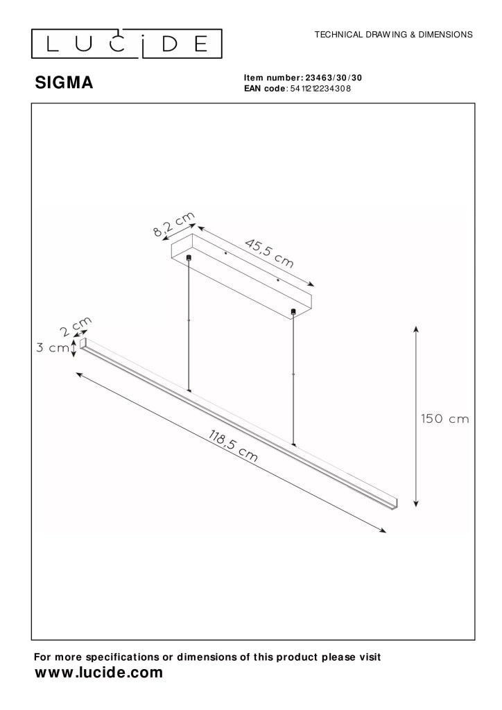 Lampada a sospensione moderna nera 120cm Lucide Sigma LED 30W