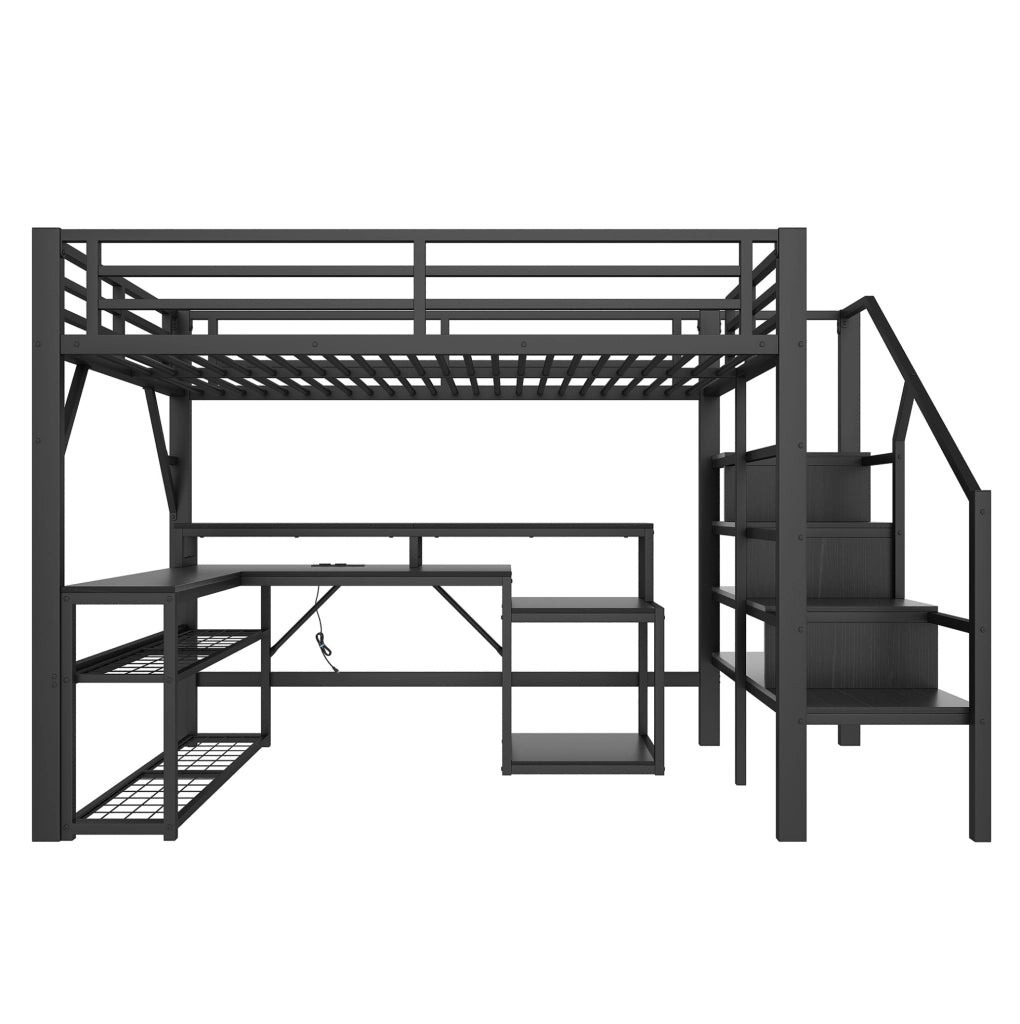 Letto a soppalco 140x200 cm in metallo e MDF; con scrivania; LED e USB; nero