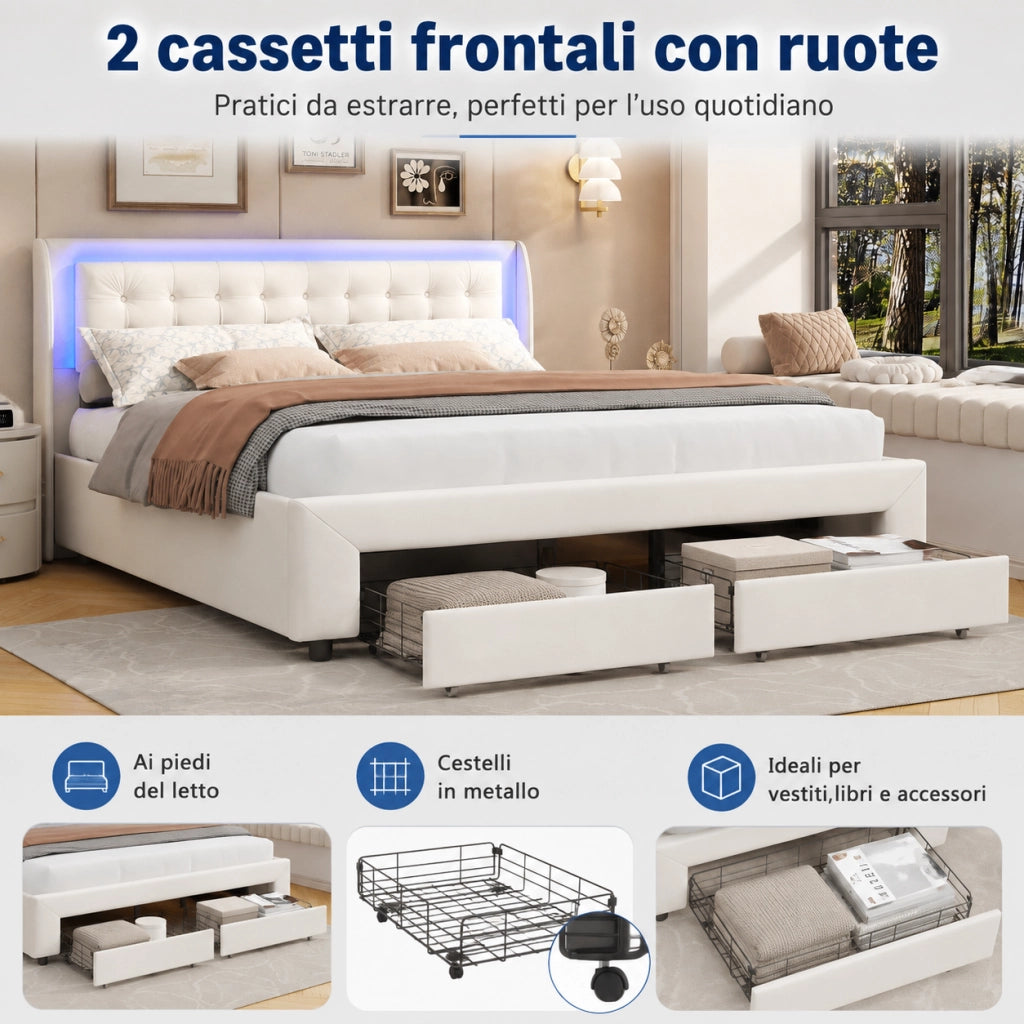 Letto matrimoniale contenitore idraulico 140x190 cm, imbottito velluto beige, testiera LED RGB telecomandata, 2 cassetti, 350kg
