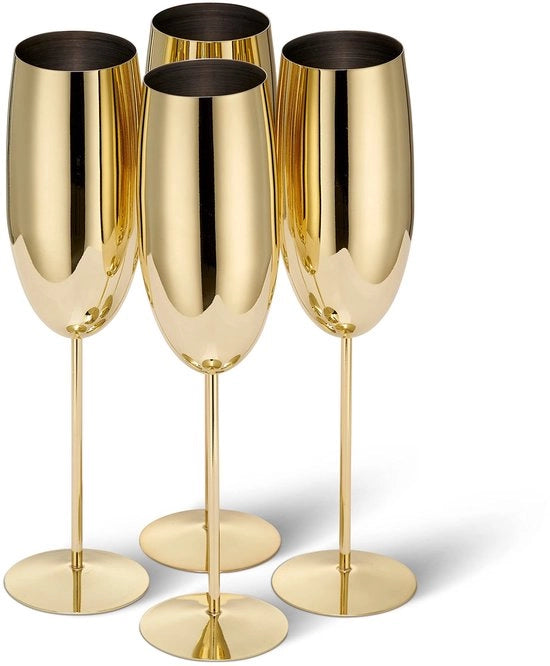 Set di Calici di Champagne in Vetro - Calici Resistenti - Colore Oro - Set di Calici Eleganti - Ideali per Natale e Capodanno