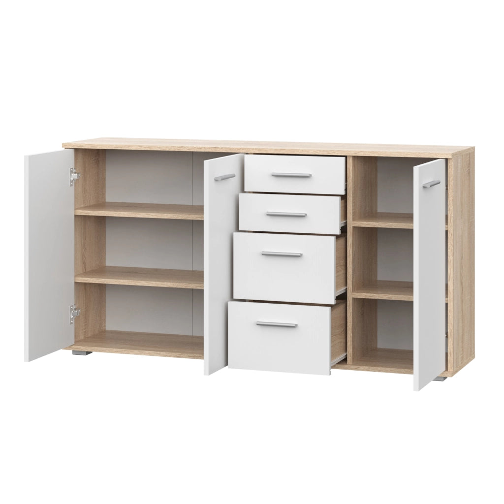 Commode FAUSKE - 4 Cassetti - 3 Ante - Quercia Sonoma - Bianco - Larghezza 138 cm, Altezza 74 cm, Profondit? 34 cm