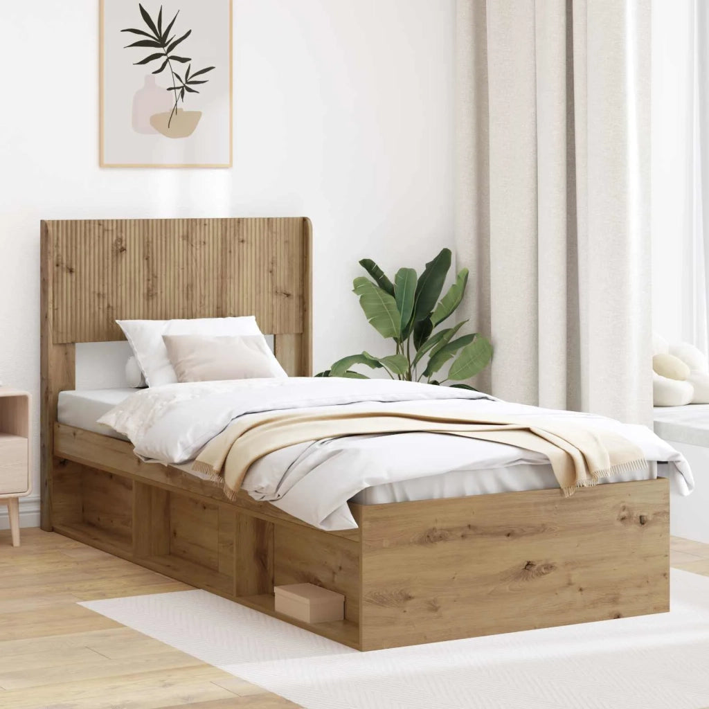 Letto singolo | Letto per adulti | Struttura del letto con stoccaggio e testata Rovere Artigianale