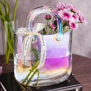 Vasca per fiori con vetro iridescente, contenitore con apertura ampia per decorazione da tavolo, vaso di fiori robusto con manico ingrossato e corda di seta, versatile per decorazione di casa, matrimoni e compleanni.