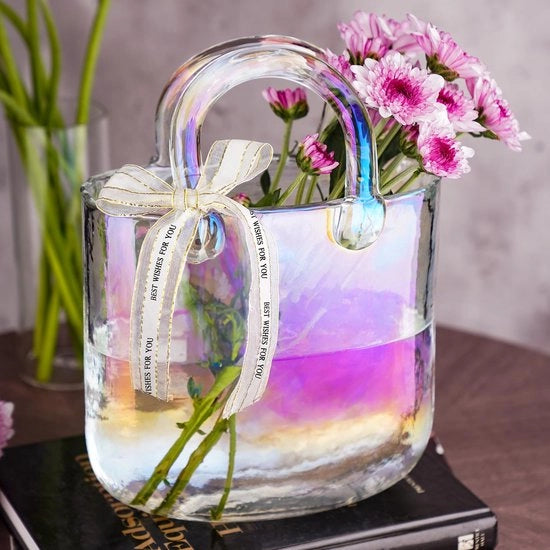 Vasca per fiori con vetro iridescente, contenitore con apertura ampia per decorazione da tavolo, vaso di fiori robusto con manico ingrossato e corda di seta, versatile per decorazione di casa, matrimoni e compleanni.