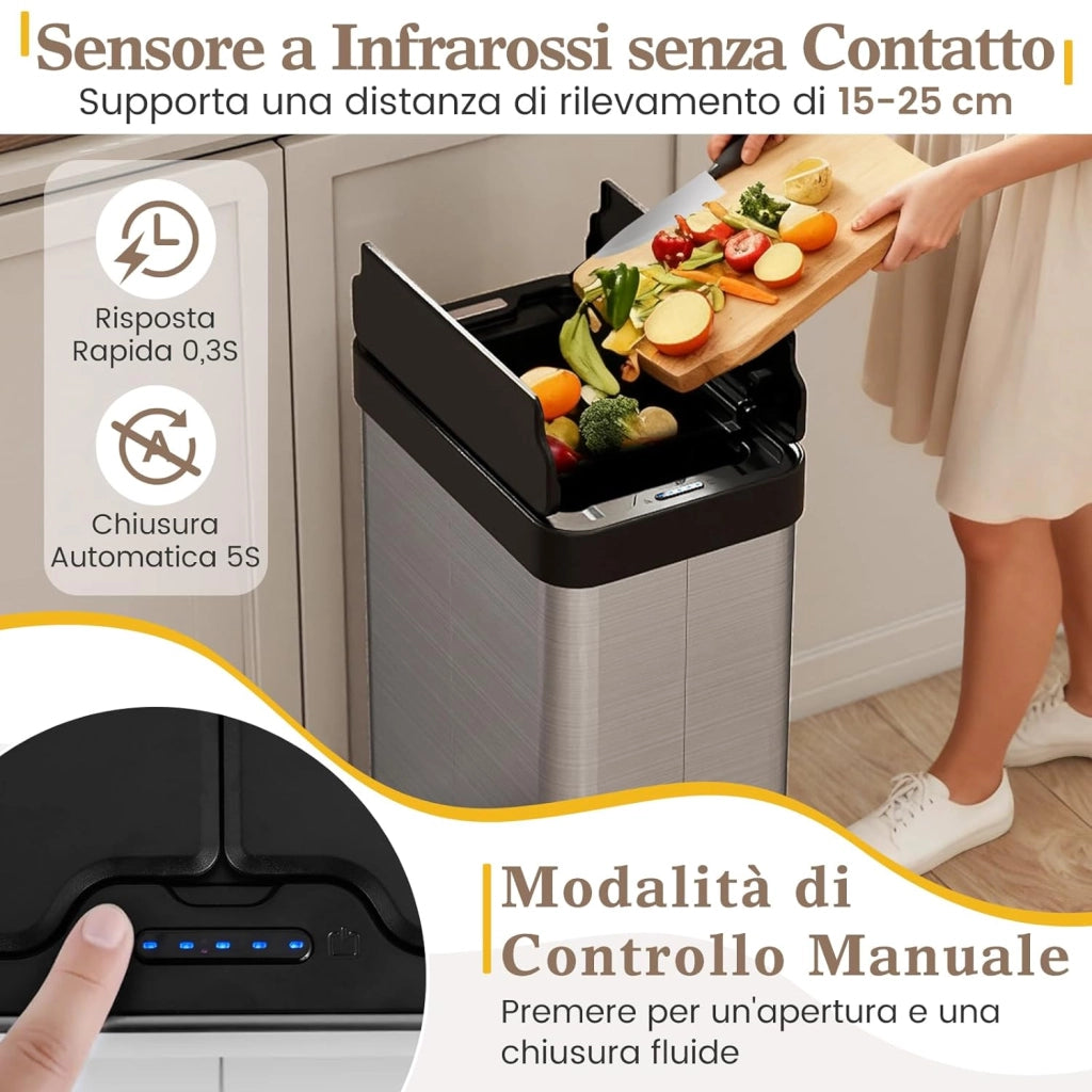 60L Cestino per Rifiuti con Coperchi a Ali, Pattumiera in Acciaio Inox Spazzolato con Sensore di Movimento a Infrarossi, Bidone Automatico per Camera da Letto, Bagno e Cucina (Argento)