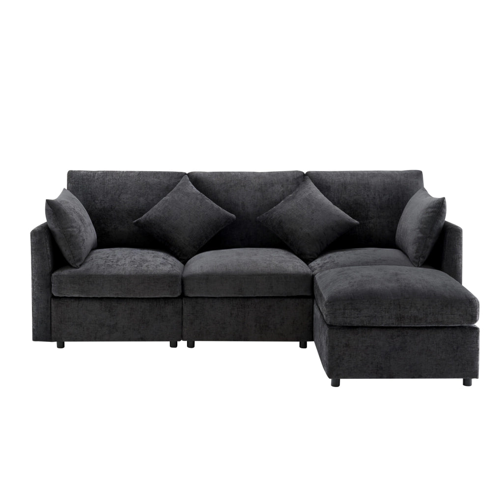 Divano angolare L convertibile in 3 posti - Zephmum- Grigio con cuscini in chenille e pouf mobile