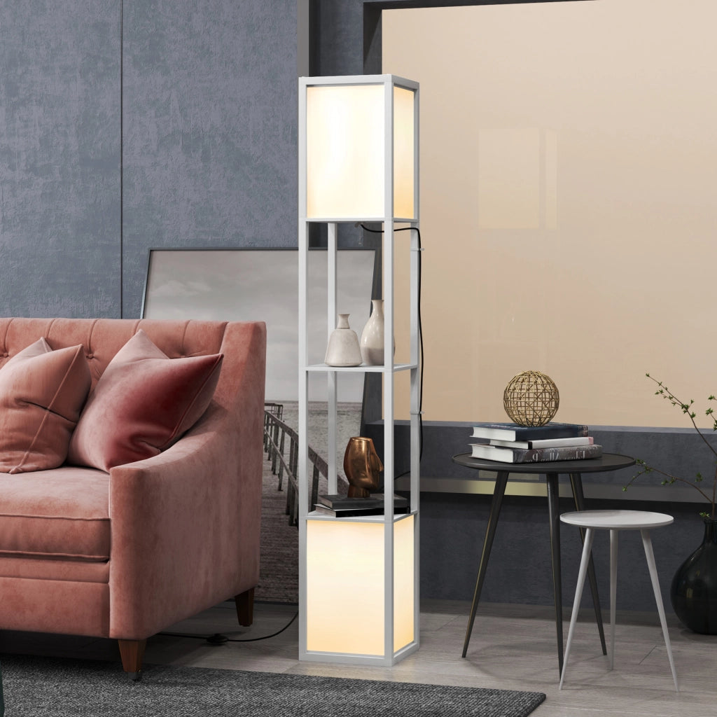Lampada da Terra Moderna con 2 Paralumi e 2 Ripiani ¨C Minimal ¨C 26x26x156 cm, Bianco
