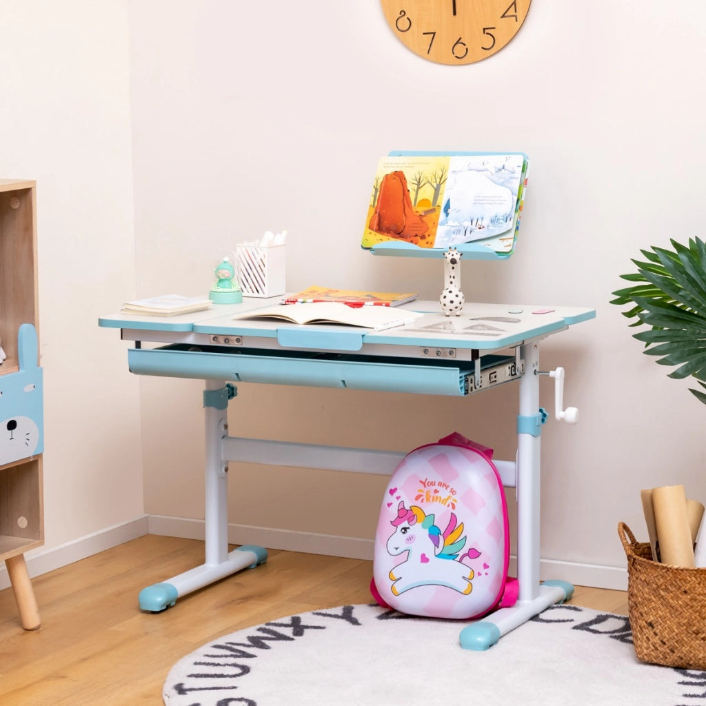 Scrivania per bambini regolabile con piano inclinabile cassetto, Scrivania per bambini tavolo ergonomico Azzurro-Tavoli e sedie