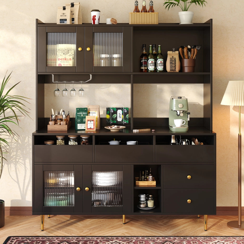 Mobile Alto da Pranzo ¨C Xylo ¨C Nero con Decoro Oro, Ante in Vetro, Porta Calici, 145x39x171