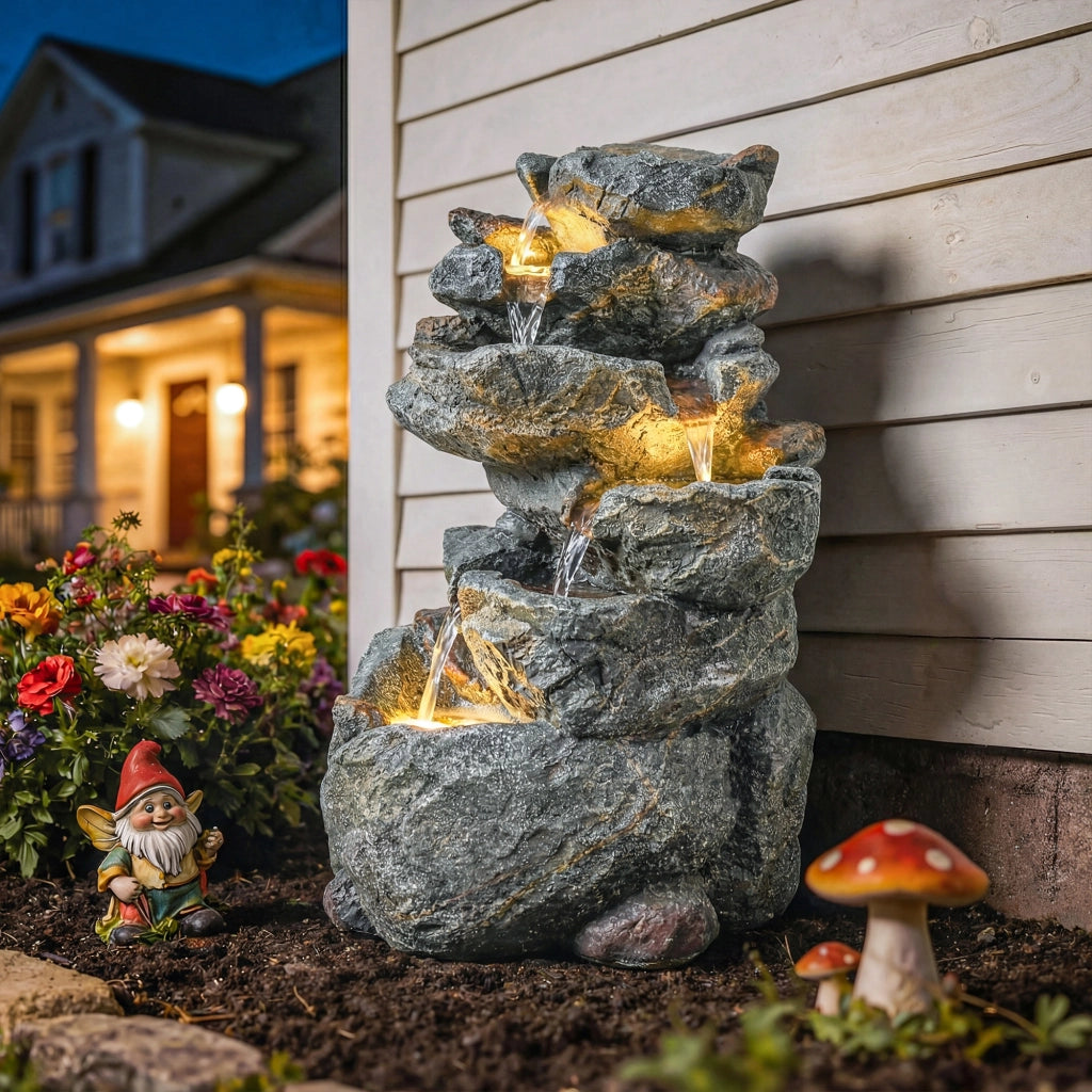 Fontana da giardino a cascata 6 livelli ¨C Minimal ¨C resina effetto pietra grigia 33x27x53 cm