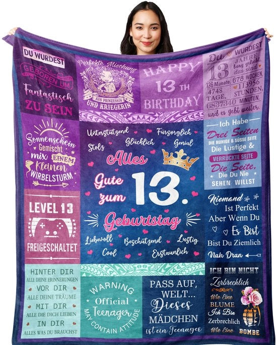 Decora 13 anni ragazza, regalo 13enne, 13 anni, regalo 13° compleanno, decorazione 13° compleanno ragazza, coperta 150x130CM