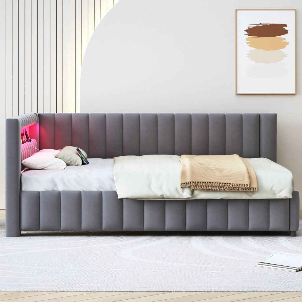 Letto poltrona imbottito in velluto con LED e porta USB grigio 140x200 cm