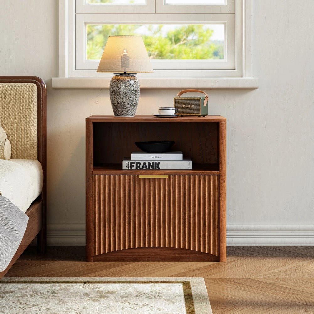 Comodino con Cassetto Aperto e Maniglie Dorate ¨C MINIMAL ¨C Effetto Noce