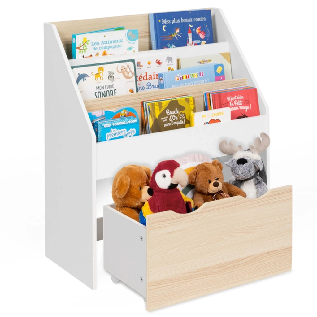 IDMarket - Libreria per bambini MANA con 3 ripiani e 1 vassoio su ruote bianche e faggio