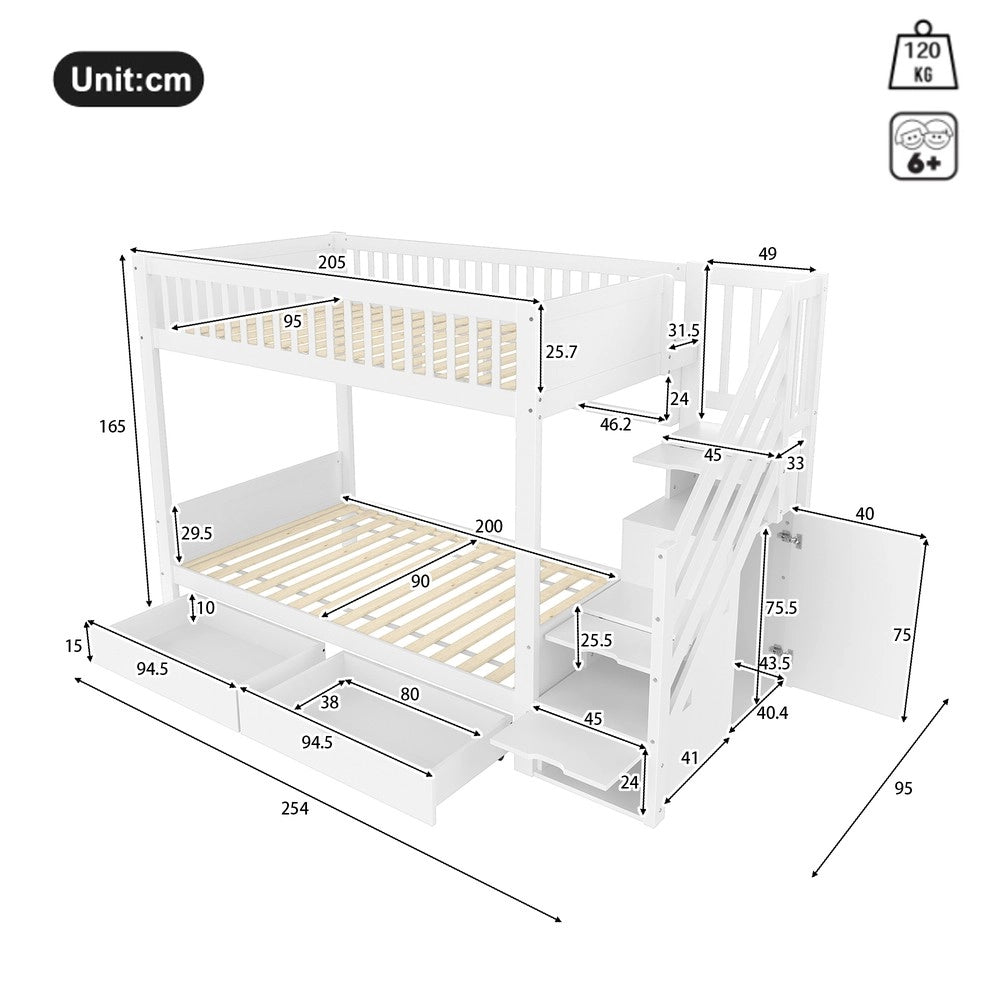 Letto a Castello con Cassetto, Rete e Armadio ¨C MINIMAL ¨C Bianco 90x200