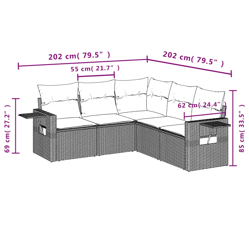 Set Divano da Giardino 5 pz | Set Salotto da Giardino con Cuscini Marrone in Polyrattan