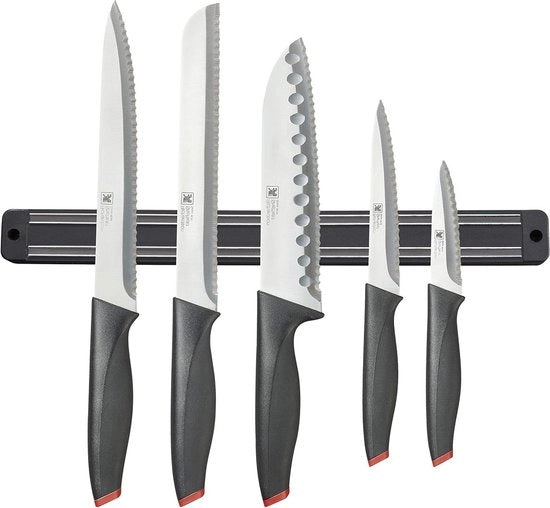 Set di Coltelli da Cucina con Rullo Magnetico - 5 pezzi - Acciaio Inossidabile, Copertura Protettiva Nera con Parassole