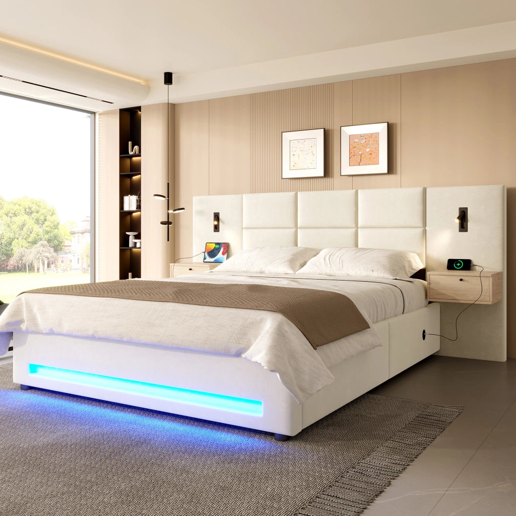 LETTO 180x200 cm in velluto beige con cassetti, LED e USB-C