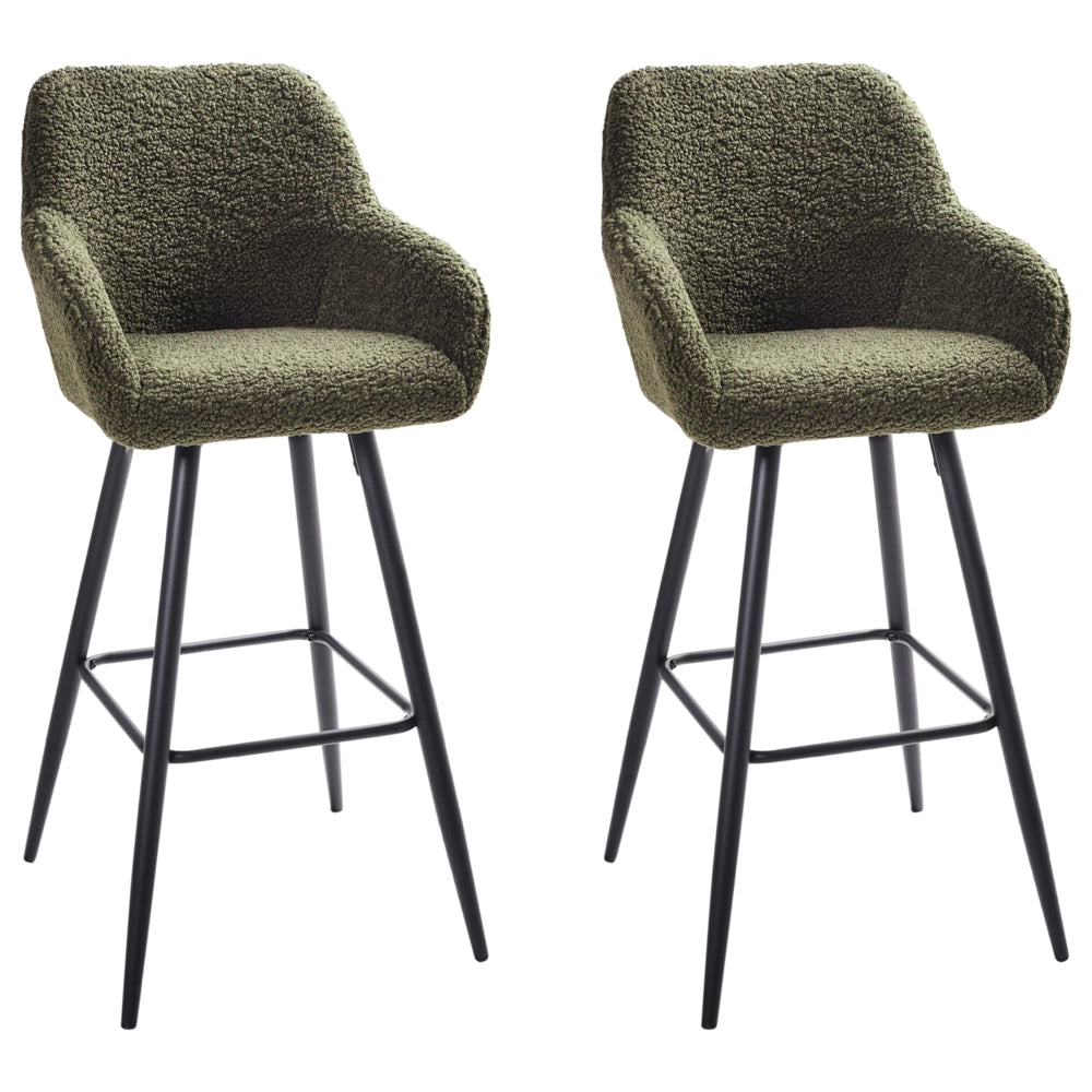 Set di 2 sgabelli da bar in tessuto bouclè verde scuro con seduta imbottita e gambe in metallo stile moderno soggiorno