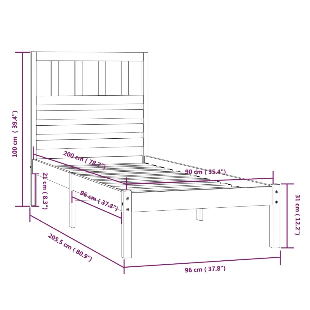 Letto singolo | Letto per adulti | Giroletto in Legno Massello di Pino 90x200 cm