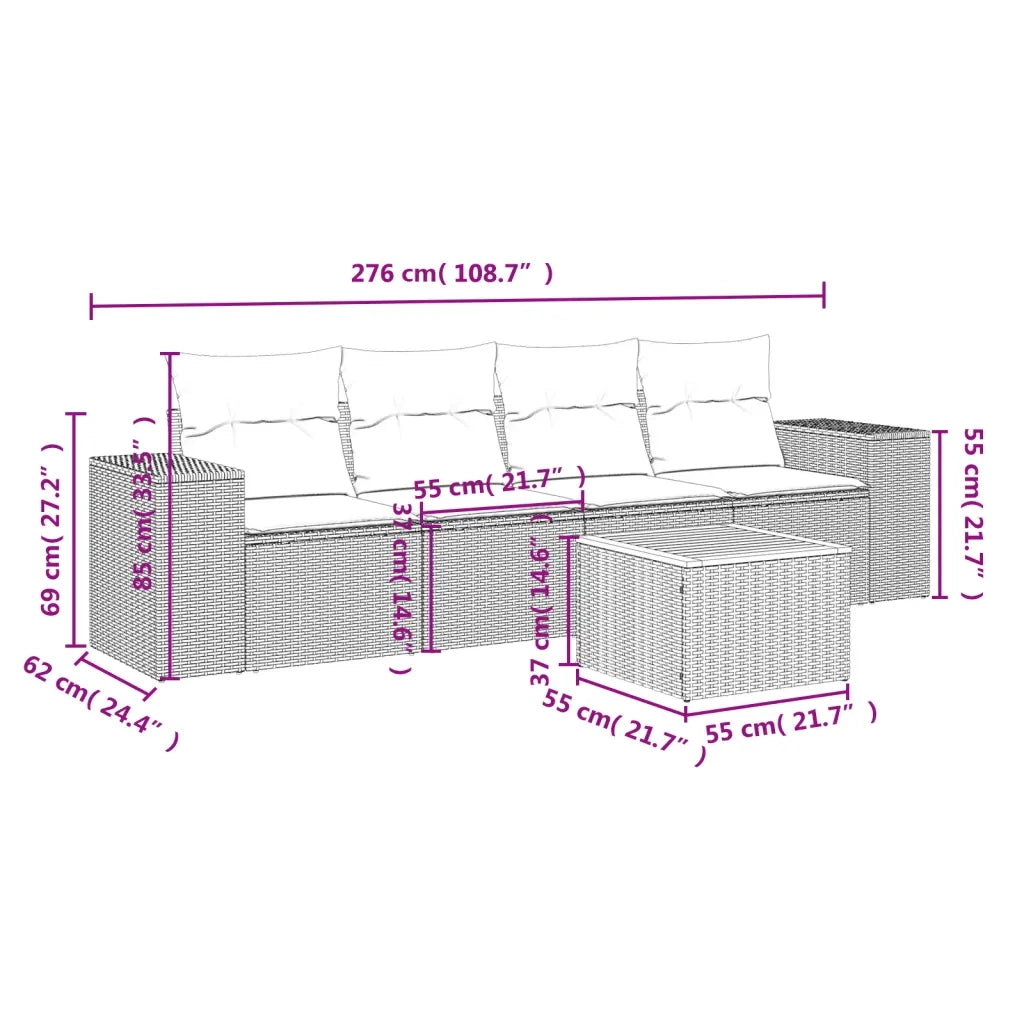 Set Divano da Giardino 5 pz con Cuscini Beige in Polyrattan