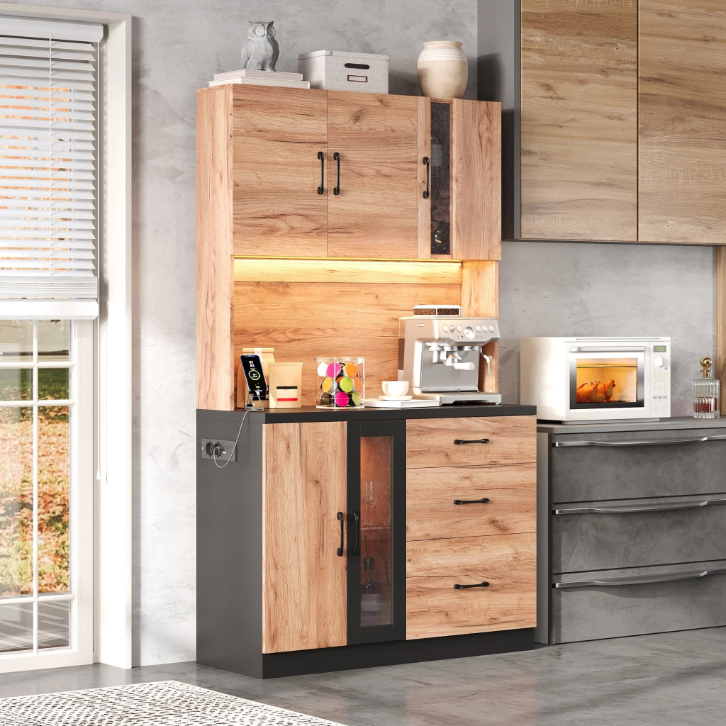 Pensile da Cucina con LED e Ripiani Regolabili ¨C Xylo ¨C Nero e Legno 105x40x180 cm