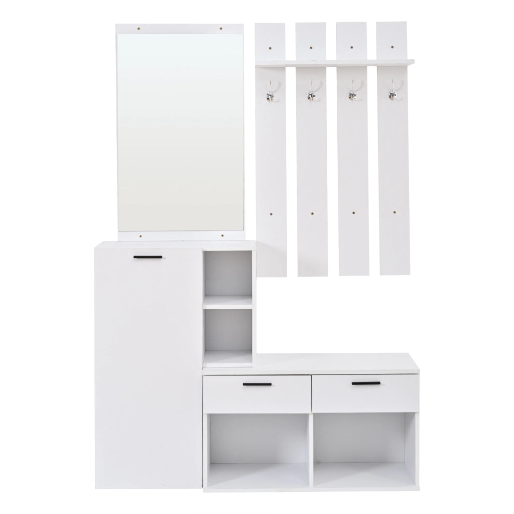 Set da ingresso composto da scarpiera, specchio e ganci appendiabiti, con 2 cassetti, in MDF, bianco