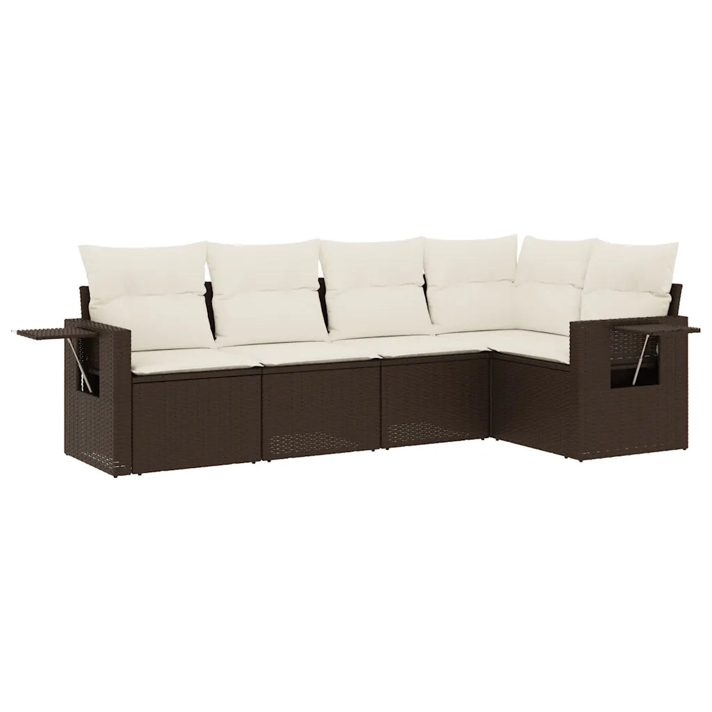 Set Divano da Giardino 5 pz con Cuscini Marrone in Polyrattan