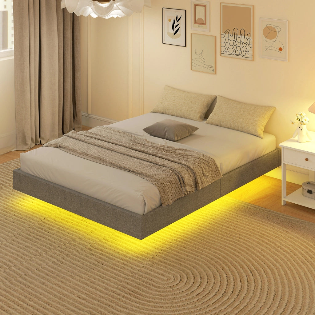 Giroletto con LED 140x190 cm ¨C Xylo ¨C Tessuto Lino Grigio con Doghe in Legno