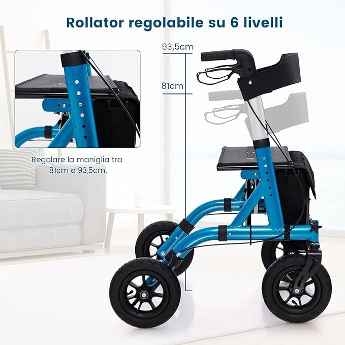 Deambulatore per Anziani Pieghevole, Deambulatore Pieghevole Regolabile in Altezza, Con 4 Ruote Gonfiabili e Borsa Portaoggetti, in Alluminio, Portata Massima di 160 kg (Blu)