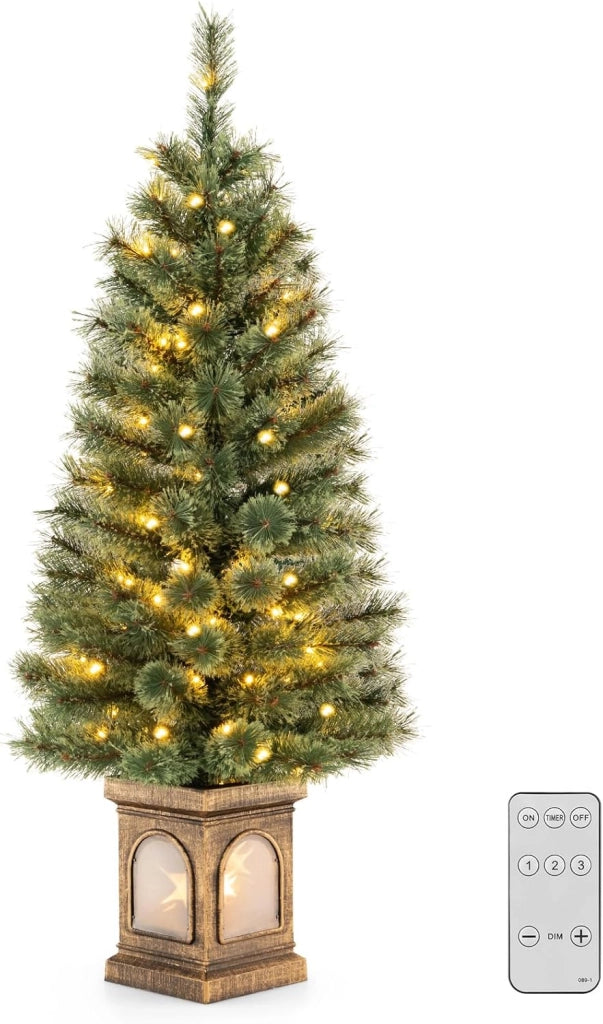 Albero di Natale Piccolo da Tavolo 120 cm, Albero di Natale Artificiale in Vaso con Luci e Rami Densi, Decorazione Natalizia per Casa, Ufficio e Negozio (Verde e Bronzo)
