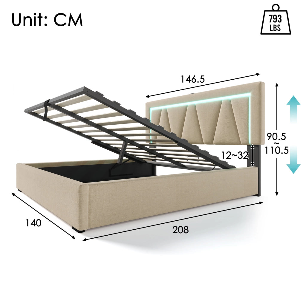 Bettgestell 140x200 cm in Leinen Beige con LED; USB e Type-C; testiera regolabile e contenitore