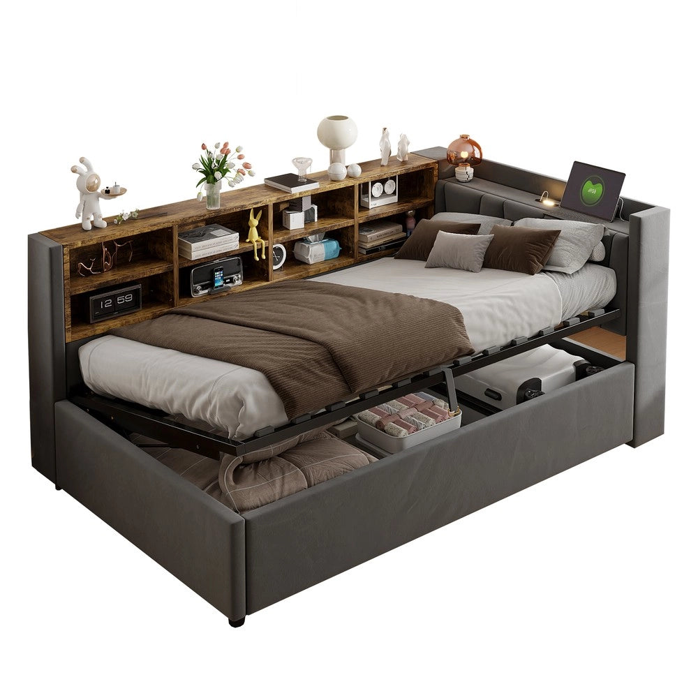Letto Imbottito Contenitore 90x200 con Luce LED e USB ¨C MINIMAL ¨C Velluto Grigio Scuro