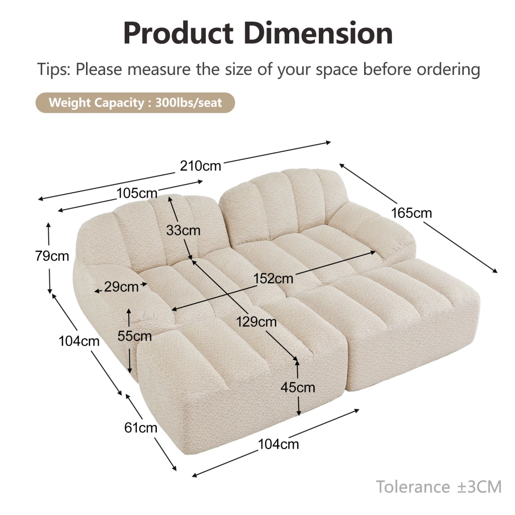 Divano Modulare 2 Posti con 2 Ottoman ¨C MINIMAL ¨C Tessuto Morbido Beige, Senza Braccioli