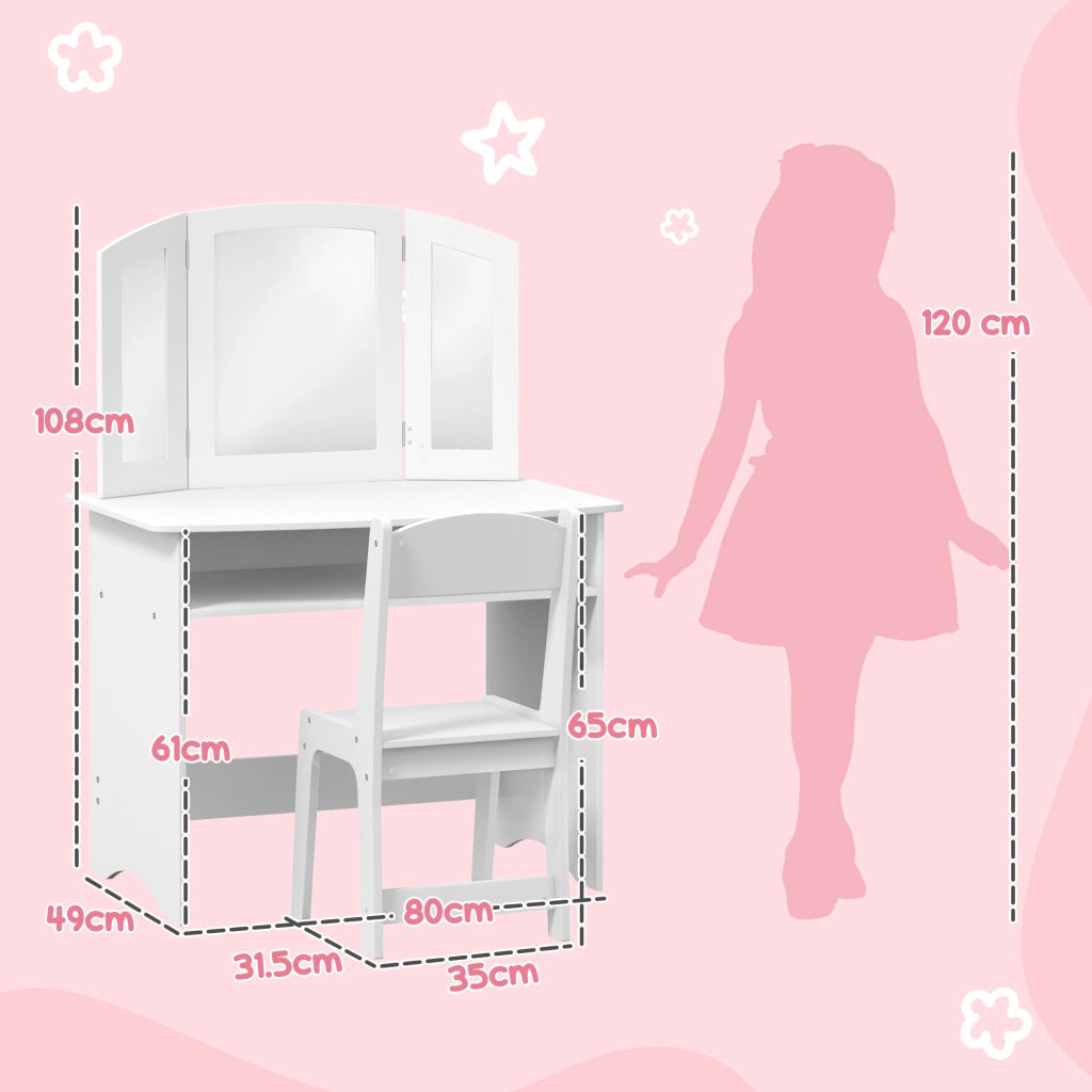 Tavolo Toeletta con Specchio e Sedia per Bambini ¨C Minimal ¨C Bianco Legno