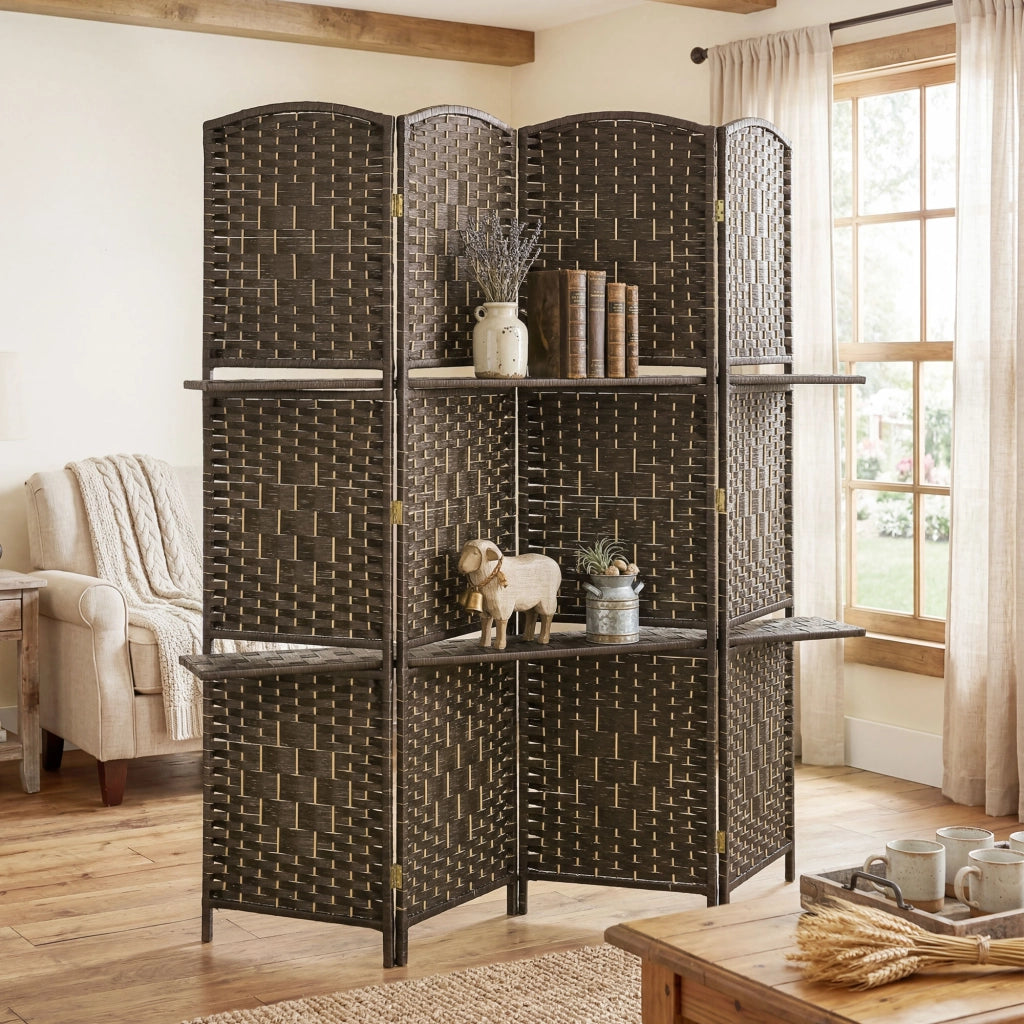 Paravento 4 Pannelli con Ripiani ¨C zephmum ¨C 160x170 cm Marrone Legno