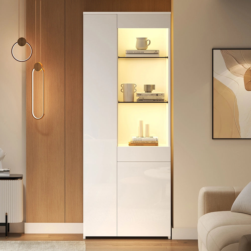 Vetrina 70x35x180 cm con cassetti e LED - Xylo - vetrina in vetro, carico max 45 kg, armadio alto