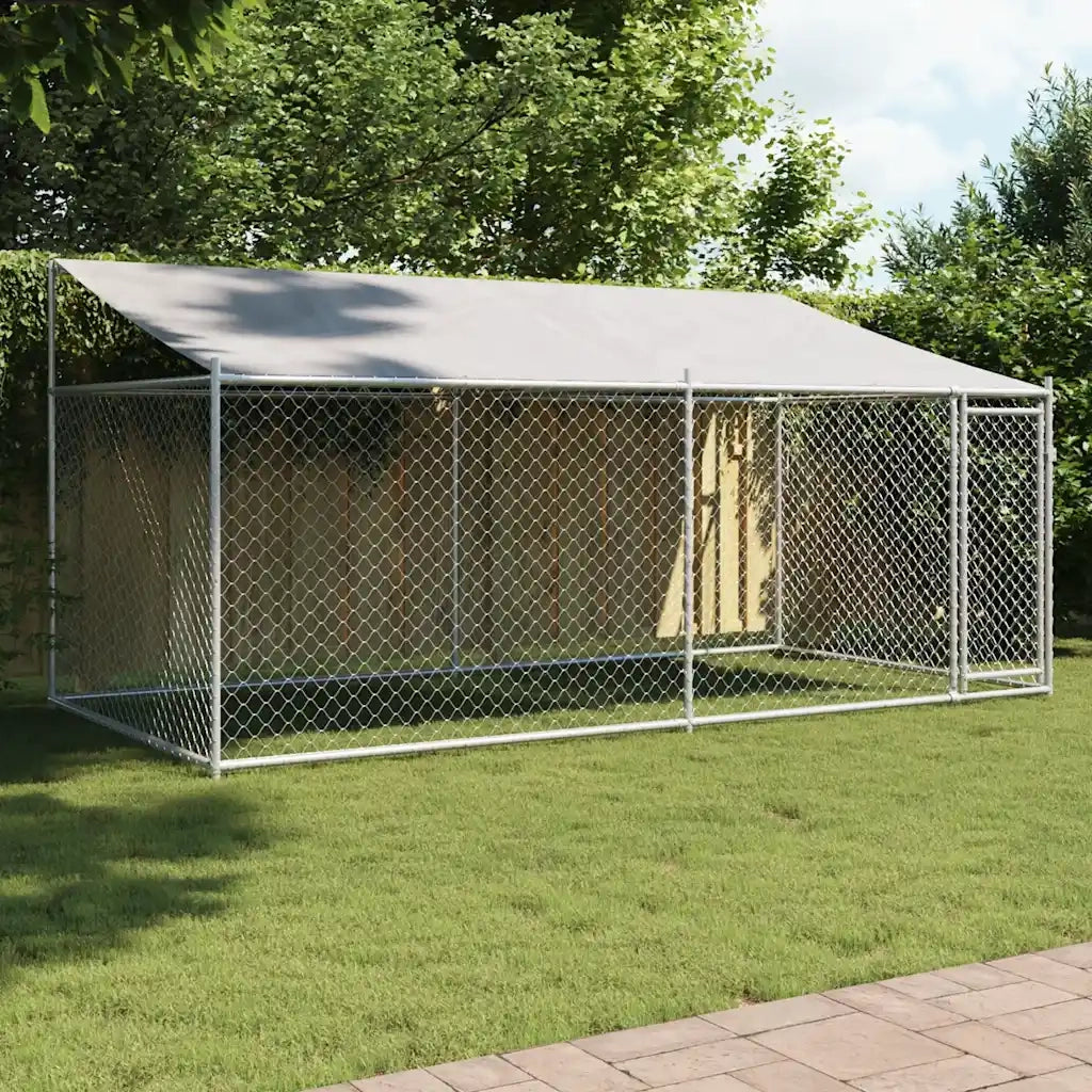 Gabbia Cani con Tetto e Porta Grigia 4x2x2 m in Acciaio Zincato 3209568