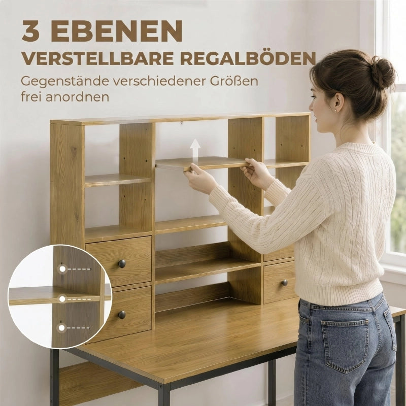 Scrivania per computer con 4 cassetti e ripiani, scrivania 105 cm, legno naturale