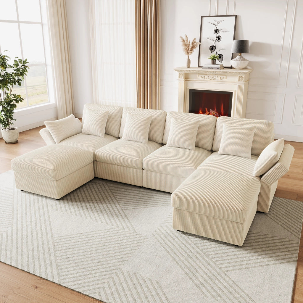 Divano angolare a U 4-6 posti con braccioli regolabili e pouf, in velluto a coste Beige