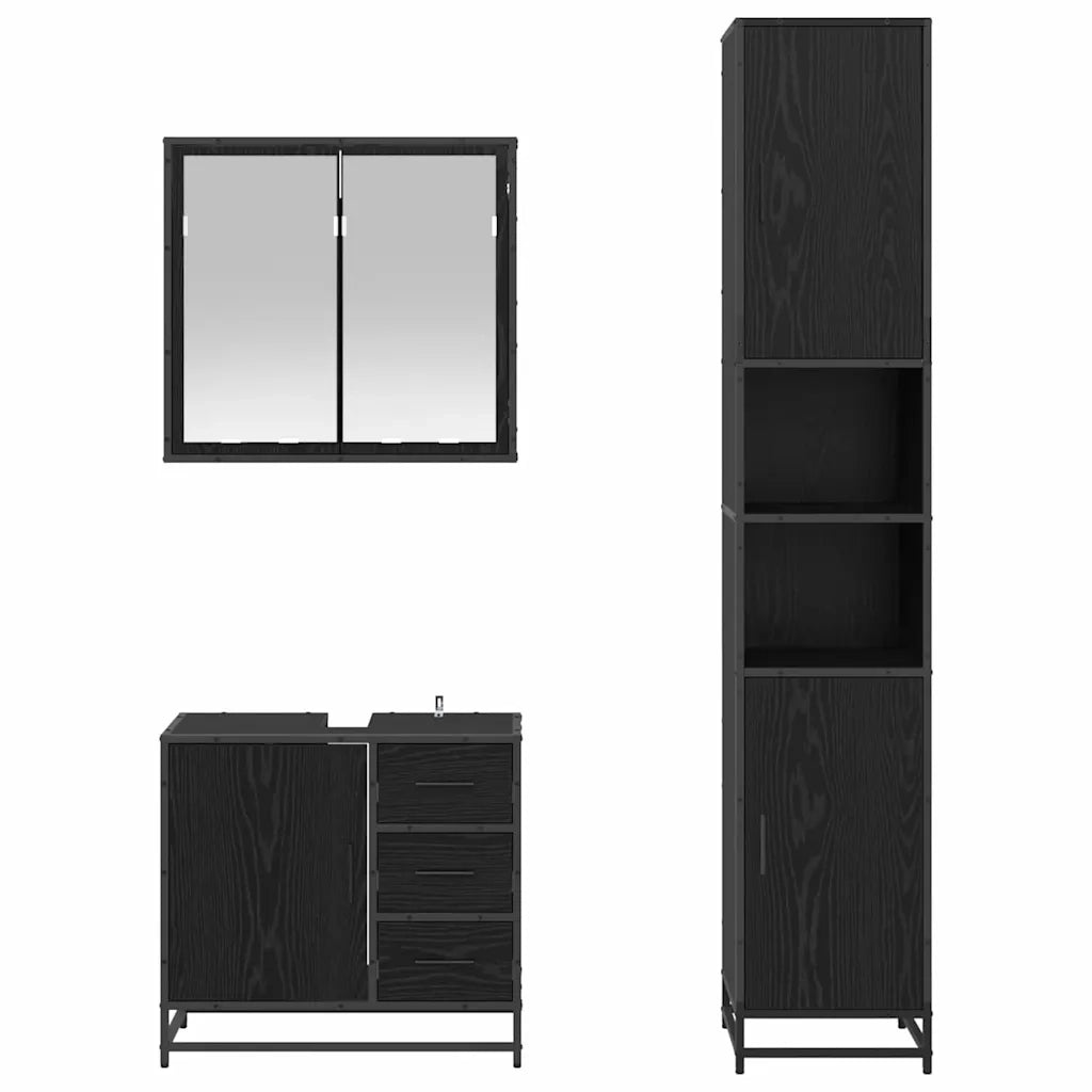 Set di mobili per il Bagno | Armadio da bagno 3 pz Rovere Nero Legno multistrato