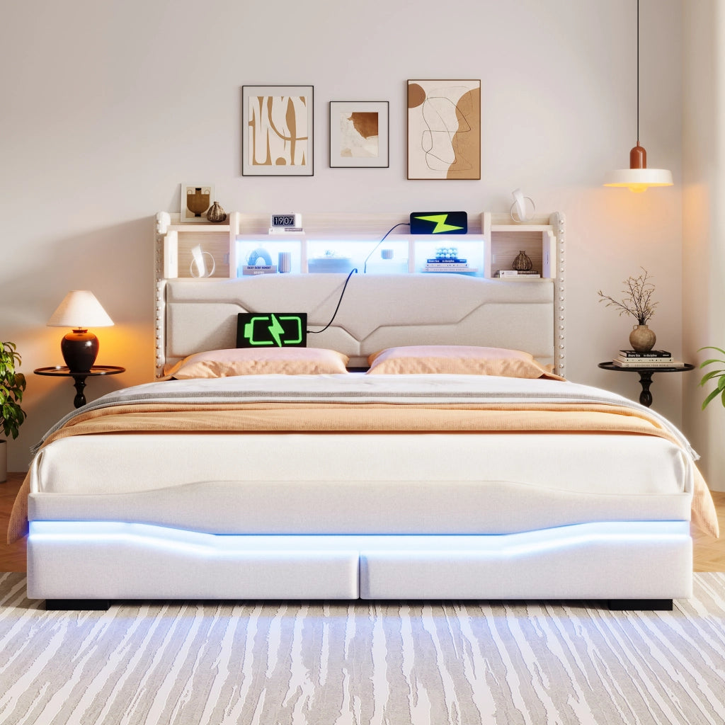 Letto Imbottito Contenitore con LED e USB ¨C MINIMAL ¨C 160x200, Beige, Idraulico