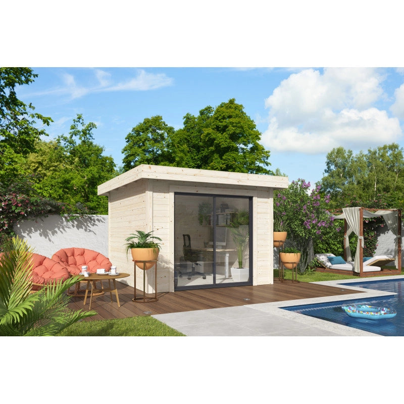 Casetta da giardino in legno 285x291 cm, pareti 28 mm con porta scorrevole vetrata in alluminio, per deposito attrezzi esterno - Esterni da Vivere