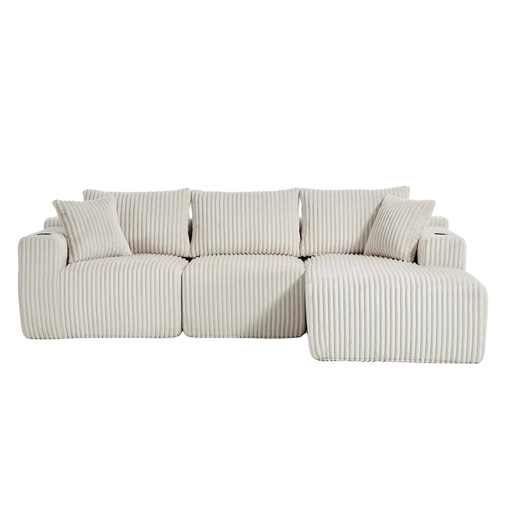 Divano modulare con chaise longue e 2 posti - Xylo - Velluto costato, 5 cuscini, portaoggetti e bevande