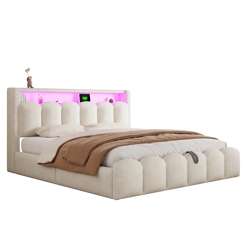 DESMIU Letto Contenitore 180 × 200 cm 2 Posti con LED, USB, Type-C e vani, senza materasso, Beige